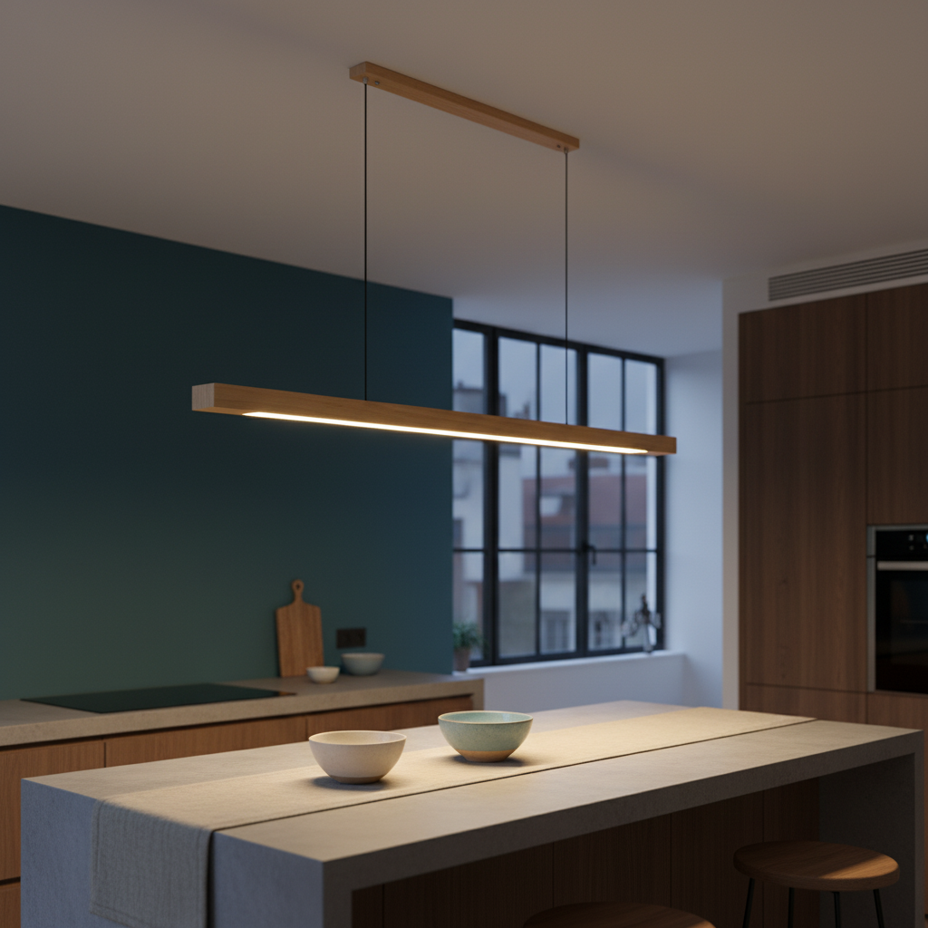 Suspension Design Moderne LED en Bois Allongé