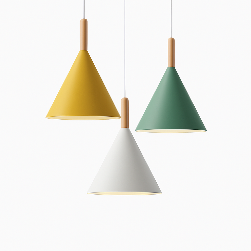 Suspension Conique en Métal Coloré et Tige en Bois