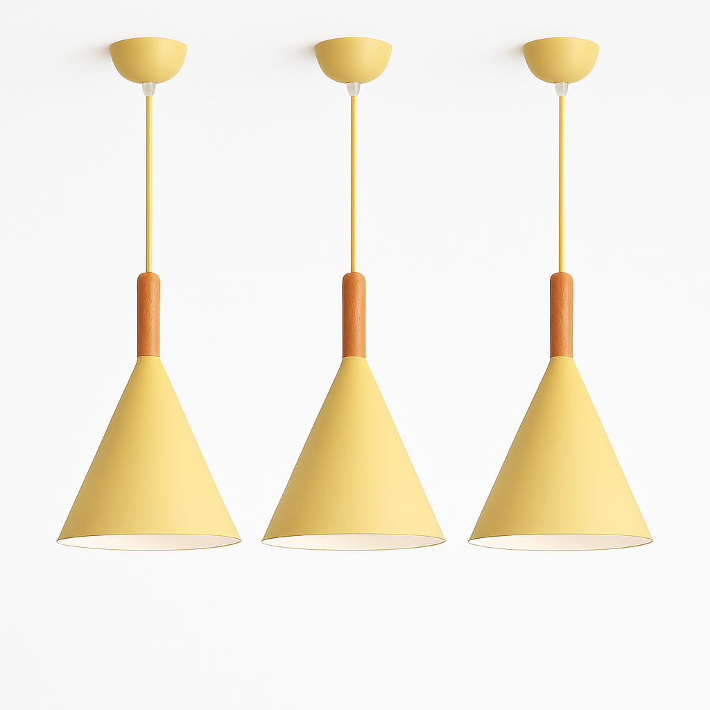 Suspension Conique en Métal Coloré et Tige en Bois