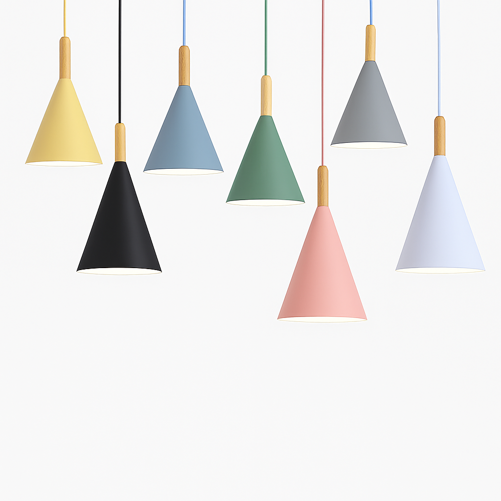 Suspension Conique en Métal Coloré et Tige en Bois